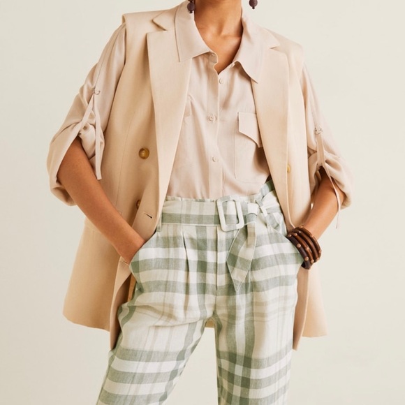 MNG Linen Belted Plaid Trousers Ankle Mid-Rise NWT - Picture 5 of 12